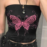 Fashionkova Y2k Aesthetic Bufferfly Rhinestones Butterfly Print Bandeau Top Fairycore Outfit Idea