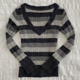 Fashionkova Y2K Fashion Retro striped V-neck Fall/Winter Women's pullover sweater Casual Harajuku punk street style Goth slim sweater mood Casual Outfit