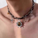 Fashionkova Y2K Star Sun Pendant Brown Plush Leopard Chokers Leather Chain Necklace Women Men Advanced Sense Accessories Aesthetic Jewelry