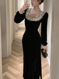 Fashionkova  party look inspos Vintage Solid Slim Long Dresses Autumn Square Collar Package Hip Birthday Party Dress Evening Mermaid Prom Robe Vestidos Largos