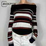 Fashionkova party look inspos Slash Neck Casual Sweater Contrast Color Knitwear Turndown Collar Women Pullovers Streetwear Autumn Jumpers Vintage Y2K