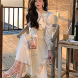 Fashionkova  party look inspos Elegant Stain Midi Dresses for Women Long Sleeve O-neck Bow Tie A-line Korean Fashion Chic Vestidos Folded Design Party Prom