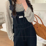 Fashionkova  Party Outfit  Fashion New Applique Flower Denim Jumpsuits Women Korean Loose Straight Wide Leg Overalls One Piece Outfit