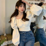 Fashionkova Elegant Blouses Women Sweet Puff Sleeve Bow Bandage Shirts Korean Streetwear Vintage Square Neck Lace Up Slim Casual Crop Tops ootd