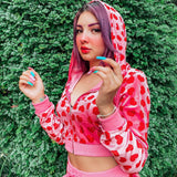 Fashionkova party look inspos Women Pink Heart Print Velvet Crop Hoodies Zip Up Y2K Long Sleeve Cropped Sweatshirts Coat 90s E Girl Jacket Tracksuit