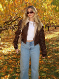 Fashionkova party look inspos Women Fashion Fur Collar Short Leather Jacket Fasion New Loose Warm Long Sleeves Zipper Coat 2025 Female Winter High Streetwear