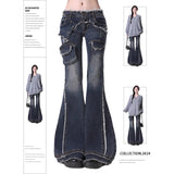 Fashionkova party outfit  Women Blue Japanese Cyber Punk Bell-Bottom Harajuku Y2K 90s Dark Academia Jeans Low Rise Flare Denim Pants Goblin Core Halloween