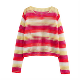 Fashionkova 2025 Summer New Women's Fashion Style Casual Loose Versatile Knitted Hollow Colored Stripes Long Sleeves Valentine's Day Aesthetic