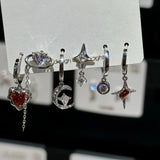 Fashionkova 6PCS SET Goth Punk Vintage Aesthetic Crystal Heart Moon Cross Star Pendant Earrings For Men Women Grunge Y2K Jewelry Accessories