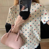 Fashionkova 2024 New Summer Korean Version Young Style Short Sleeved Slim Fit Round Neck Printed Polka Dot Shirring Women's T-shirt Top Casual Outfit