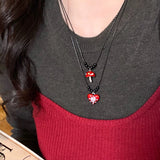 Fashionkova Trendy Y2K Cute Red Heart Mushroom Pendant Adjustable Black Rope Sweater Chain Necklace For Women Party Christmas Jewelry Gifts
