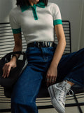 Fashionkova Tossy Summer Knitwear Sweater Pullover Top For Women Ribbed Lapel Short Sleeve Cropped Top Vest Patchwork Female Knit Pullovers Casual Outfit