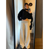 Fashionkova party outfit  Spring Gray Splicing Wide leg pants Contrasting Casual Pants Wide Elastic High Waist Women Straight Leg Chic Street Trousers