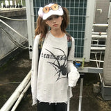 Fashionkova Japanese Y2k Ripped Sweater Vintage Gothic Spider Print Knitted Pullover Trashy 2000s Style Distressed Jumper Grunge 90s Spring Style 2025