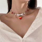 Fashionkova Ingemark Kpop Sweet Imitation Pearl Chain Strawberry Pendant Necklace for Women Wed Bridal Love Heart Choker Aesthetic Jewelry