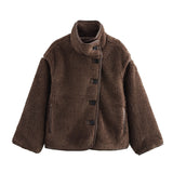 Fashionkova party look inspos Plush Stand Collar Jackets Coat Women Vintage Lambwool White Single-Breasted Pockets Jacket Female Autumn High Street Outwear