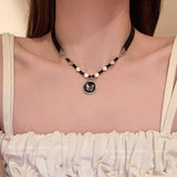 Fashionkova Gothic Cute Y2K Stainless Steel Bow Heart Pink Cross Pendant Beaded Pearl Snake Chain Necklace For Egirl 2000s EMO Acssesories
