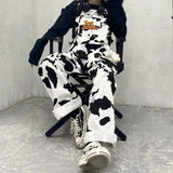 Fashionkova Party Outfit Street Hip-hop Harajuku Girl Cow Print Oneies for Women Black White Plaid Overalls Casual Jumpsuit Trousers Baggy Pants