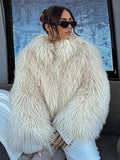 Fashionkova Elegant Solid Color Thick Faux Fur Coats Women Round Neck Long Sleeve Short Warm Jacket 2024 Winter New High Street Lady Outwear ootd