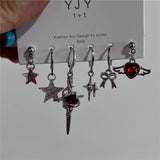 Fashionkova 6PCS Gothic Red Crystal Heart Cross Star Pendant Earrings Set For Women Men Trend Punk Grunge Y2K Aesthetic Jewelry Accessories