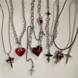 Fashionkova Punk Gothic Red Lava Star Cross Heart Pendant Leather Rope Necklace Women Men Hip Hop Y2K 90s EMO Accessories Aesthetic Jewelry