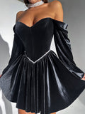 Fashionkova Elegant Velvet Short Party Dresses Women Off Shoulder Long Sleeve Bandage Mini Dress 2025 Spring Lady Christmas Evening Robes Valentine's Day Aesthetic