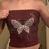 Fashionkova Y2k Aesthetic Bufferfly Rhinestones Butterfly Print Bandeau Top Fairycore Outfit Idea