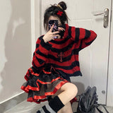 Fashionkova party look inspos Karrram Pink Striped Gothic Sweaters Women Ripped Holes Loose Knitted Pullover Frayed Fairy Grunge Jumpers Emo Streetwear Lolita