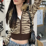 Fashionkova  Party Outfit  Korean Retro Fur Collar Leopard Print Hooded Y2k Harajuku Gothic Hip Hop Striped Zipper Hooded Women Streetwear Cardigan