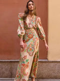 Fashionkova party look inspos Vintage Print Pleated Midi Dresses Women Chic V Neck Lantern Sleeve High Waist A Line Dress 2024 Summer New Beach Lady Vestido