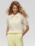 Fashionkova Wolfeel Summer New Polo Collar Hollow Knitted Short Sleeved Sweater Women's Bubble Sleeve T-shirt Female Simple Knitted Sweater Casual Outfit