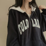 Fashionkova Vintage Solid Color Letter Print Half Zip Up Hoodie
