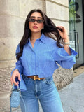 Fashionkova Women's Cropped Shirt Fashion Woman Blouse 2025 White Blue Striped Shirts and Blouses Autumn Long sleeve Short Top Female Valentine's Day Aesthetic