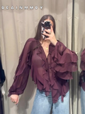 Fashionkova Women New Casual High Street Ruffle Shirt Chic Solid Long Sleeve Top Blouse 2025 New Spring Loose Loose V Neck Commute Pullover