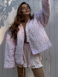 Fashionkova Y-neck Lace-up Cotton Coat Pink Floral Padded Jacket Loose Sweet Casual Japanese Cardigan Cotton-padded Coats Lady Warm Overcoat ootd outfit idea
