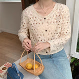 Fashionkova Long Sleeve Crochet Top for Women Sheer Button Up Hollow Out Openwork Knit Cardigan Jacket Spring Summer Boho Vacation Outfit Casual Outfit