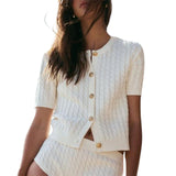 Fashionkova Combhasaki Women's Y2K Chic Cable Knitwear Cardigans Striped Short Sleeve Button-down Round Neck Cropped Slim Fit Sweater Tops Casual Outfit