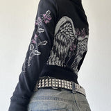 Fashionkova 00s Aesthetic Vintage Jacket Y2k Grunge Zip Up Sweatshirt Flower Wings Print Slim Fit Hoodies E-girl Gothic Cool Street Outwear