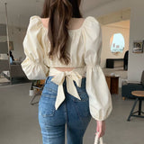 Fashionkova Elegant Blouses Women Sweet Puff Sleeve Bow Bandage Shirts Korean Streetwear Vintage Square Neck Lace Up Slim Casual Crop Tops ootd