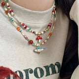 Fashionkova Fashion Cute Bird Mushroom Pendant Colorful Beads Retro Clavicle Chain Necklaces For Women Girl Aesthetic Exquisite Jewelry Gift