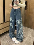 Fashionkova Party Outfit Women's Graffiti Ink Splashing Design Blue Jeans High Waist Streetwear Cool Girl Vintage Trouser Female Casual Denim Pants