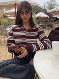 Fashionkova party look inspos Fashion Stripe Women's T-shirt Casual Long Sleeve Female All Match Polo Shirt 2025 Spring New Ladies Loose Tops High Street
