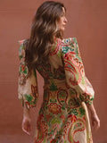 Fashionkova party look inspos Vintage Print Pleated Midi Dresses Women Chic V Neck Lantern Sleeve High Waist A Line Dress 2024 Summer New Beach Lady Vestido