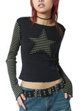 Fashionkova party look inspos Women Star Casual Shirt Y2k Gothic Tops Long Sleeve Crew Neck Star Stripes Vintage Aesthetic Slim Tops Fashion Grunge Streetwear