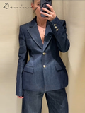 Fashionkova Elegant Solid Denim Women Trouser Suits Lapel Pocket Jacket Strapless Tanks Straight Pants 2025 Spring New Fashion Female Sets