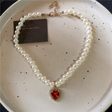 Fashionkova Punk Gold Bow Crystal Heart Chain Necklace Acrylic Beaded Pearl Necklace For Women Y2K Grunge Rave Scene EMO Accessories Jewelry