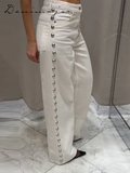 Fashionkova Casual Bead Jean Women Loose High Waisted Pockets Zipper All-match Straight Leg Trouser Female 2025 Y2k High Street Lady Outwear