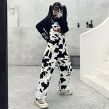 Fashionkova Party Outfit Street Hip-hop Harajuku Girl Cow Print Oneies for Women Black White Plaid Overalls Casual Jumpsuit Trousers Baggy Pants