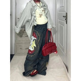 Fashionkova 2025 Fall Winter American Retro Plus Size Graffiti Print Cargo Jeans Women Y2K Detachable Oversized Streetwear Hot Girl Fashion
