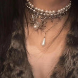 Fashionkova Y2K Jewelry Multi-Layered Pearl Spider Crystal Pendant Necklace Women Korean Fashion Charm Necklace Punk Choker Goth Accessories